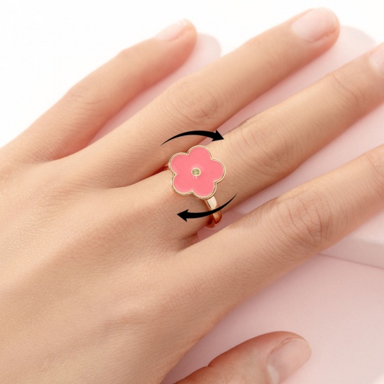 Immagine di Children Kids Open Stress Relieving Anxiety Ring Fidget Spinner Rings Gold Plated Enamel Pink Flower 2cm Dia., 1 Piece