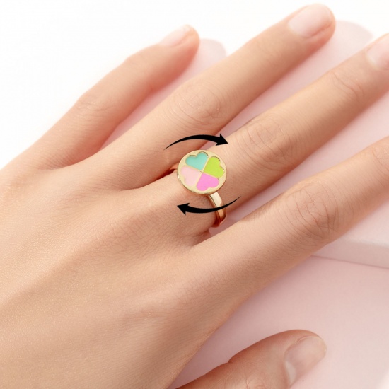 Immagine di Children Kids Open Stress Relieving Anxiety Ring Fidget Spinner Rings Gold Plated Enamel Multicolor Four Leaf Clover 2cm Dia., 1 Piece