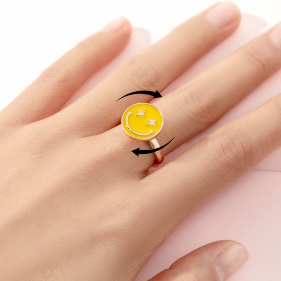 Immagine di Children Kids Open Stress Relieving Anxiety Ring Fidget Spinner Rings Gold Plated Enamel Yellow Smile 2cm Dia., 1 Piece