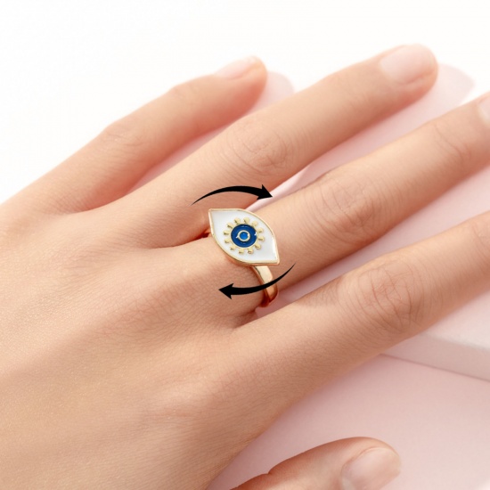 Immagine di Children Kids Open Stress Relieving Anxiety Ring Fidget Spinner Rings Gold Plated Enamel White Eye 2cm Dia., 1 Piece