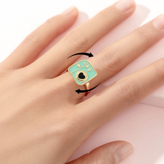 Immagine di Children Kids Open Stress Relieving Anxiety Ring Fidget Spinner Rings Gold Plated Enamel Green Camera 2cm Dia., 1 Piece
