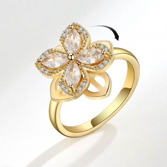 Picture of Copper Open Anti Anxiety Rings Gold Plated Rotatable Flower Clear Cubic Zirconia 18.1mm(US Size 8), 1 Piece