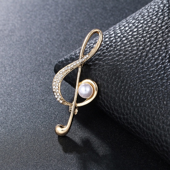 Picture of Copper Pin Brooches Musical Note Gold Plated White Imitation Pearl Clear Rhinestone 5.7cm x 2.3cm, 1 Piece