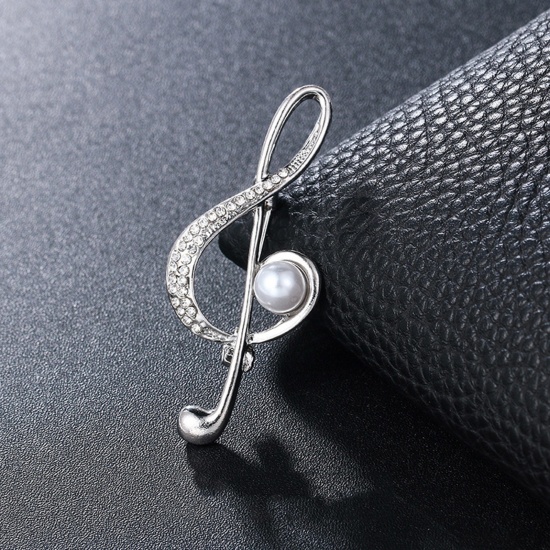 Picture of Copper Pin Brooches Musical Note Silver Plated White Imitation Pearl Clear Rhinestone 5.7cm x 2.3cm, 1 Piece