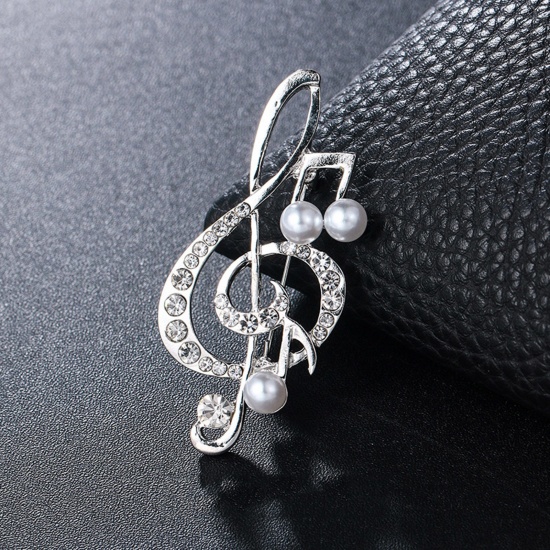 Picture of Copper Pin Brooches Musical Note Silver Plated White Imitation Pearl Clear Rhinestone 5.4cm x 2.5cm, 1 Piece