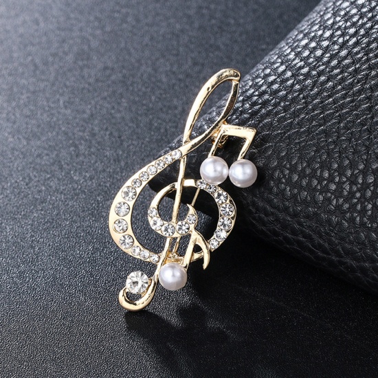 Picture of Copper Pin Brooches Musical Note Gold Plated White Imitation Pearl Clear Rhinestone 5.4cm x 2.5cm, 1 Piece