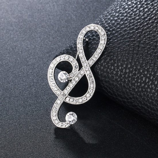 Picture of Copper Pin Brooches Musical Note Silver Plated Clear Rhinestone 6.5cm x 3.2cm, 1 Piece