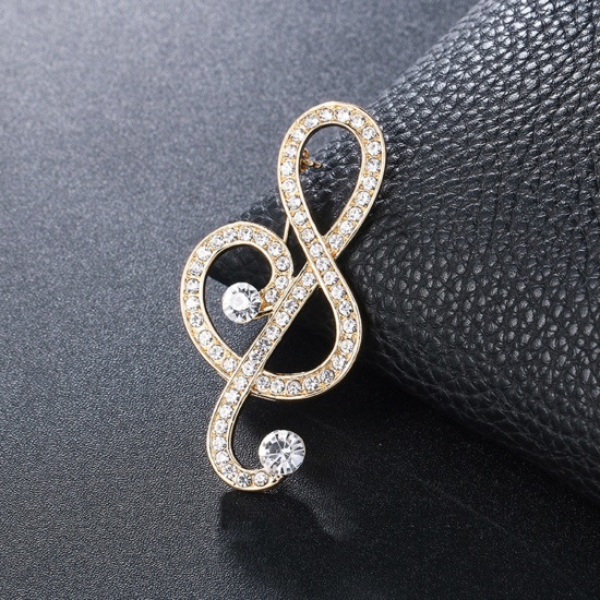 Picture of Copper Pin Brooches Musical Note Gold Plated Clear Rhinestone 6.5cm x 3.2cm, 1 Piece