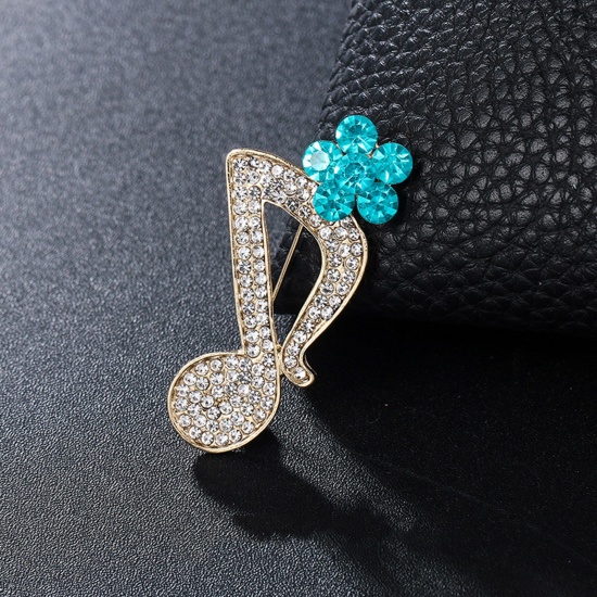 Picture of Copper Pin Brooches Musical Note Flower Gold Plated Clear & Blue Rhinestone 4.7cm x 2.3cm, 1 Piece