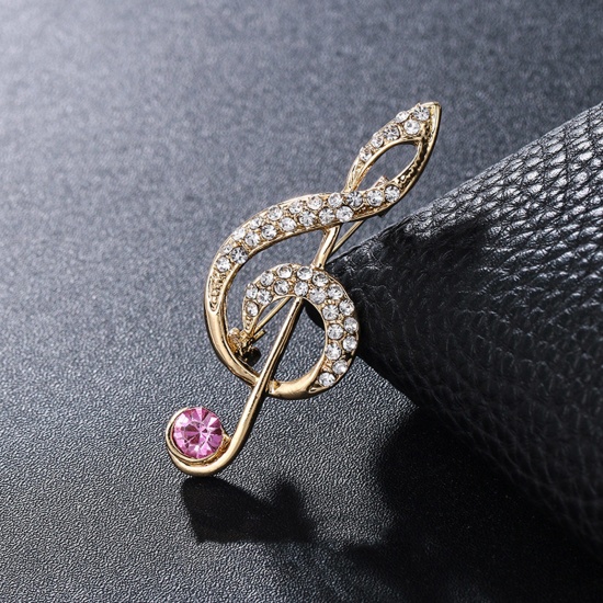 Picture of Copper Pin Brooches Musical Note Gold Plated Clear & Light Pink Rhinestone 5.3cm x 2.1cm, 1 Piece