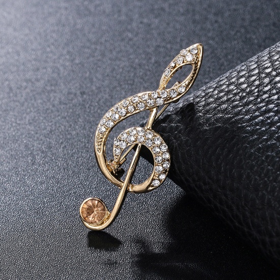 Picture of Copper Pin Brooches Musical Note Gold Plated Champagne Clear Rhinestone 5.3cm x 2.1cm, 1 Piece