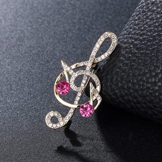 Picture of Copper Pin Brooches Musical Note Gold Plated Clear & Light Pink Rhinestone 4.9cm x 2.5cm, 1 Piece