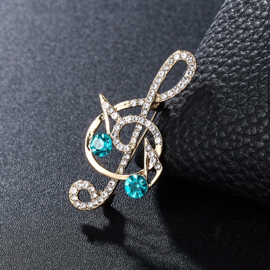 Picture of Copper Pin Brooches Musical Note Gold Plated Clear & Blue Rhinestone 4.9cm x 2.6cm, 1 Piece