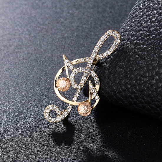 Picture of Copper Pin Brooches Musical Note Gold Plated Champagne Clear Rhinestone 4.9cm x 2.7cm, 1 Piece