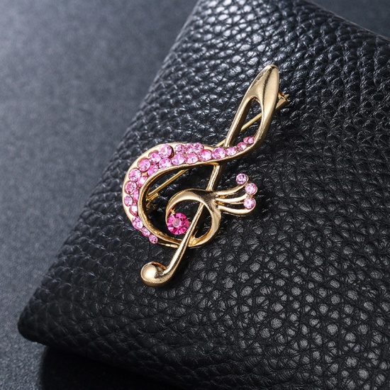 Picture of Copper Pin Brooches Musical Note Gold Plated Pink Rhinestone 4.7cm x 2.6cm, 1 Piece
