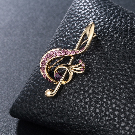 Picture of Copper Pin Brooches Musical Note Gold Plated Purple Rhinestone 4.7cm x 2.7cm, 1 Piece