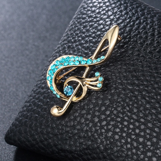 Picture of Copper Pin Brooches Musical Note Gold Plated Light Blue Rhinestone 4.7cm x 2.8cm, 1 Piece