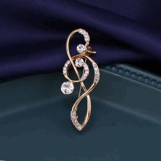 Picture of Copper Pin Brooches Musical Note Gold Plated Clear Rhinestone 5.5cm x 2cm, 1 Piece