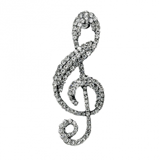 Picture of Copper Pin Brooches Musical Note Silver Plated Clear Rhinestone 5.3cm x 2.1cm, 1 Piece