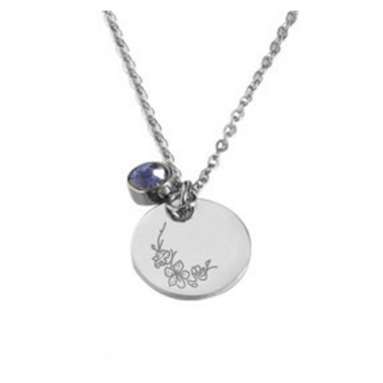 Picture of Stainless Steel Birth Month Flower Birthstone Necklace Silver Tone March Round 45cm(17 6/8") long, 1 Piece