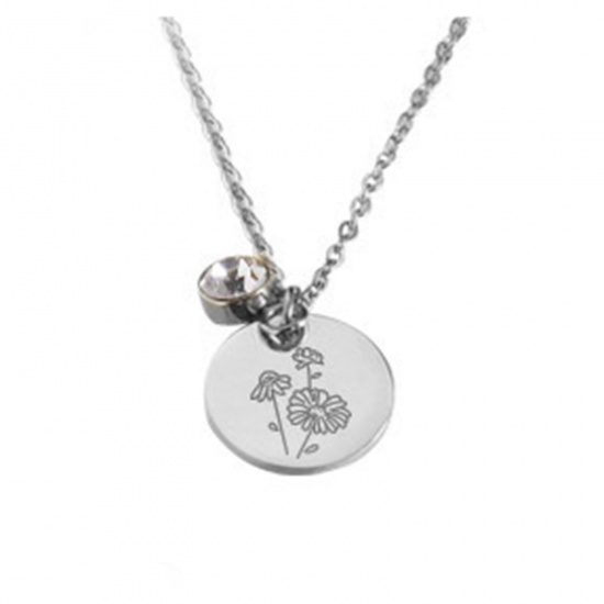 Picture of Stainless Steel Birth Month Flower Birthstone Necklace Silver Tone April Round 45cm(17 6/8") long, 1 Piece