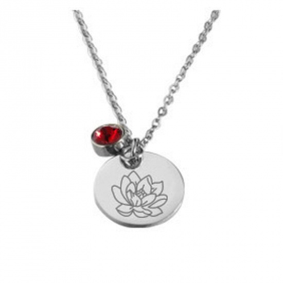 Picture of Stainless Steel Birth Month Flower Birthstone Necklace Silver Tone July Round 45cm(17 6/8") long, 1 Piece