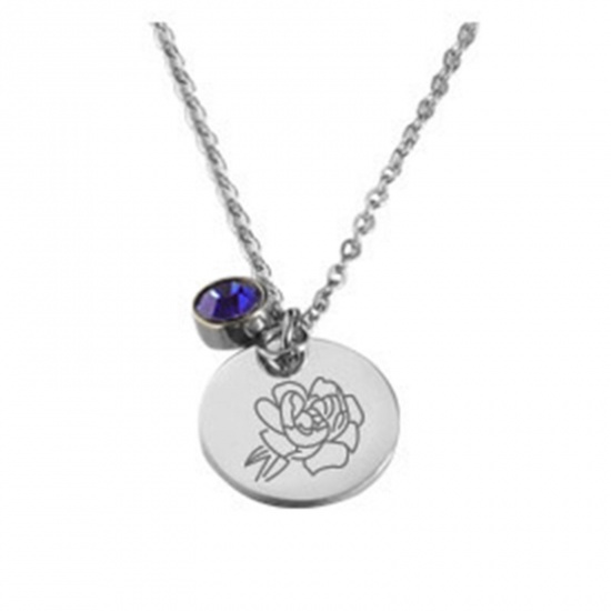 Picture of Stainless Steel Birth Month Flower Birthstone Necklace Silver Tone September Round 45cm(17 6/8") long, 1 Piece