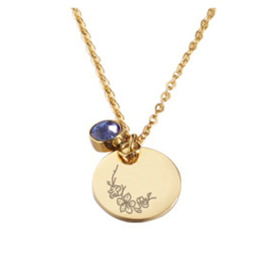 Picture of Stainless Steel Birth Month Flower Birthstone Necklace 18K Real Gold Plated March Round 45cm(17 6/8") long, 1 Piece