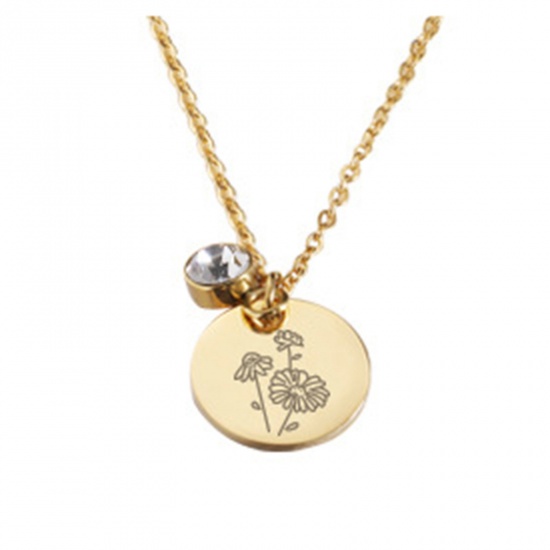 Picture of Stainless Steel Birth Month Flower Birthstone Necklace 18K Real Gold Plated April Round 45cm(17 6/8") long, 1 Piece