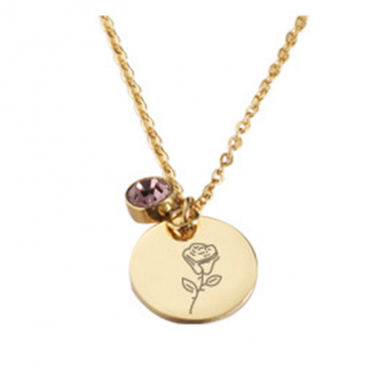 Picture of Stainless Steel Birth Month Flower Birthstone Necklace 18K Real Gold Plated June Round 45cm(17 6/8") long, 1 Piece