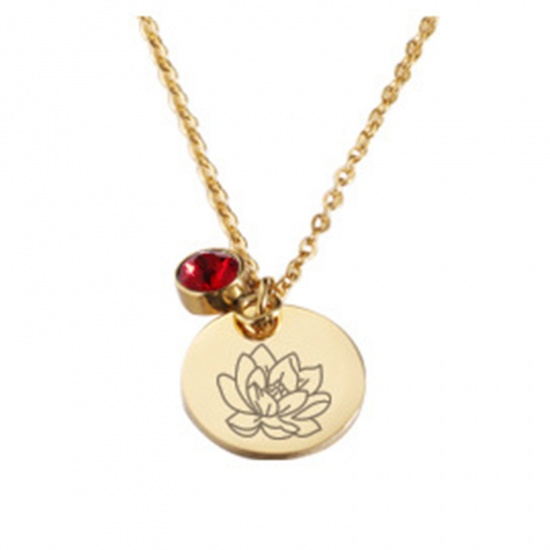 Picture of Stainless Steel Birth Month Flower Birthstone Necklace 18K Real Gold Plated July Round 45cm(17 6/8") long, 1 Piece