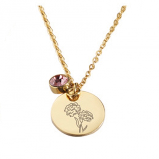 Picture of Stainless Steel Birth Month Flower Birthstone Necklace 18K Real Gold Plated October Round 45cm(17 6/8") long, 1 Piece