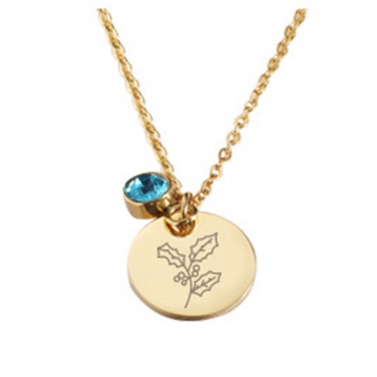 Picture of Stainless Steel Birth Month Flower Birthstone Necklace 18K Real Gold Plated December Round 45cm(17 6/8") long, 1 Piece