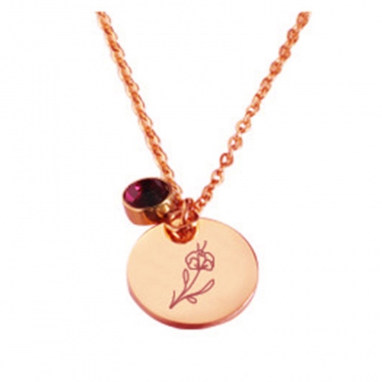Picture of Stainless Steel Birth Month Flower Birthstone Necklace 18K Real Rose Gold Plated February Round 45cm(17 6/8") long, 1 Piece