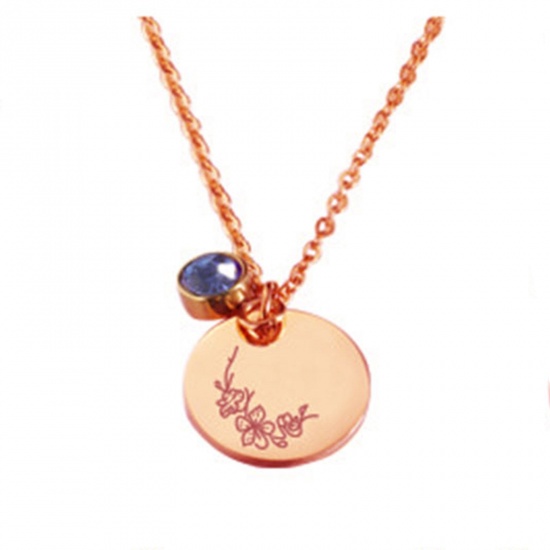 Picture of Stainless Steel Birth Month Flower Birthstone Necklace 18K Real Rose Gold Plated March Round 45cm(17 6/8") long, 1 Piece