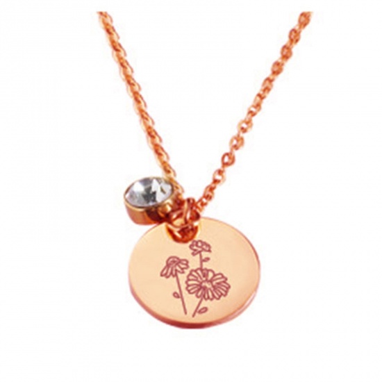Picture of Stainless Steel Birth Month Flower Birthstone Necklace 18K Real Rose Gold Plated April Round 45cm(17 6/8") long, 1 Piece