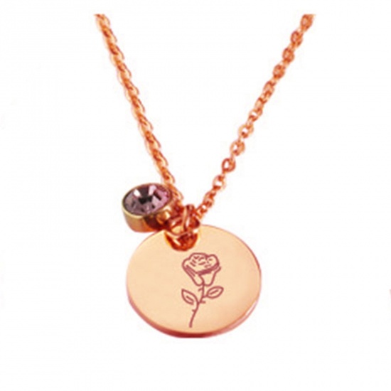Picture of Stainless Steel Birth Month Flower Birthstone Necklace 18K Real Rose Gold Plated June Round 45cm(17 6/8") long, 1 Piece