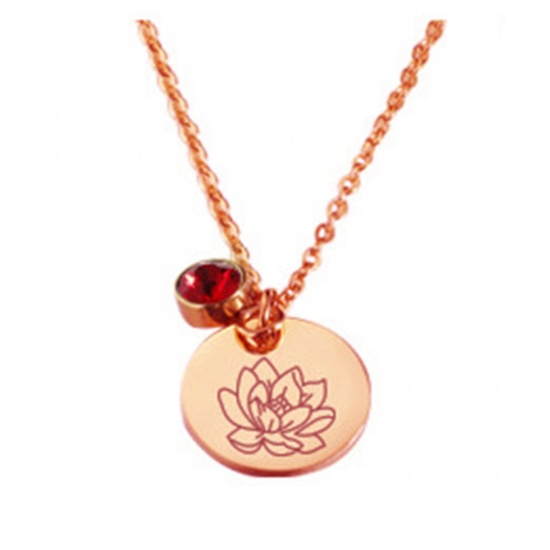 Picture of Stainless Steel Birth Month Flower Birthstone Necklace 18K Real Rose Gold Plated July Round 45cm(17 6/8") long, 1 Piece