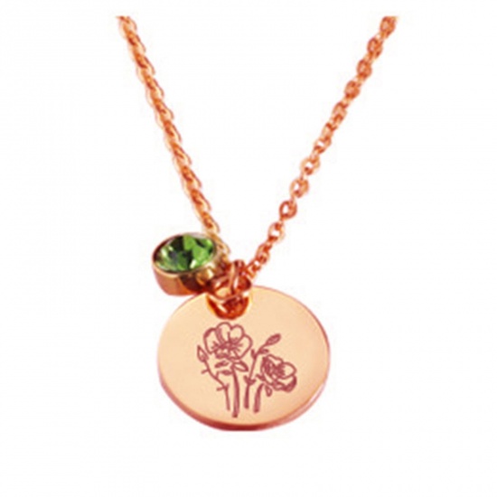 Picture of Stainless Steel Birth Month Flower Birthstone Necklace 18K Real Rose Gold Plated August Round 45cm(17 6/8") long, 1 Piece