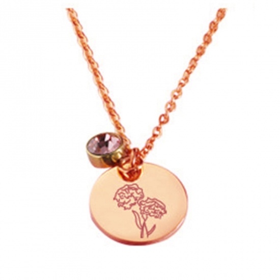 Picture of Stainless Steel Birth Month Flower Birthstone Necklace 18K Real Rose Gold Plated October Round 45cm(17 6/8") long, 1 Piece