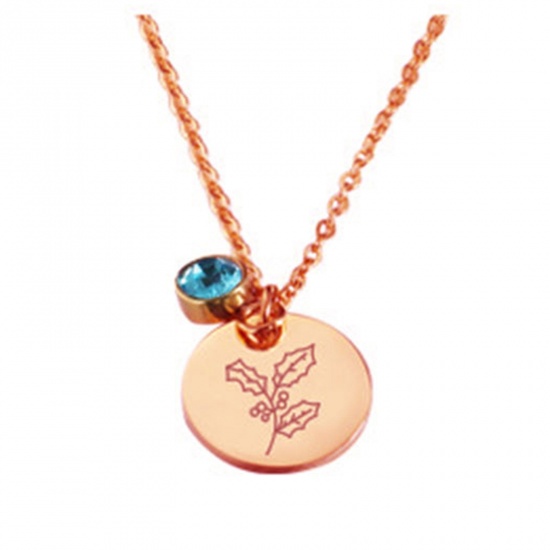 Picture of Stainless Steel Birth Month Flower Birthstone Necklace 18K Real Rose Gold Plated December Round 45cm(17 6/8") long, 1 Piece