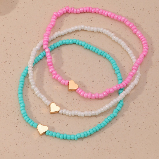 Picture of Seed Beads Boho Chic Bohemia Anklet Multicolor Heart 19cm(7 4/8") long, 1 Set ( 3 PCs/Set)