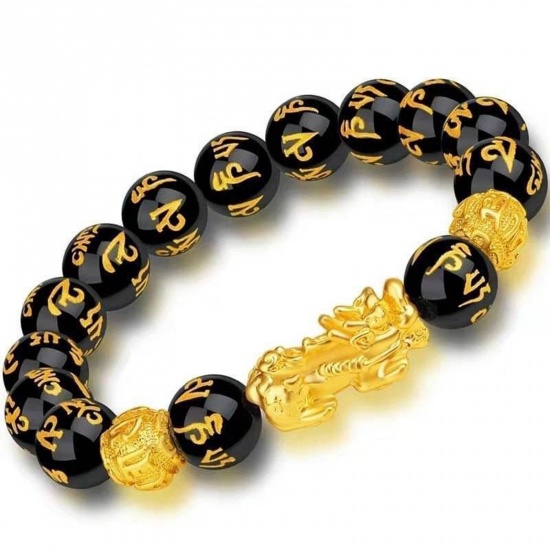 Imagen de 8mm Resina Étnico Dainty Bracelets Delicate Bracelets Beaded Bracelet Dorado Negro Bestia China Pi Xiu 19cm longitud, 1 Unidad