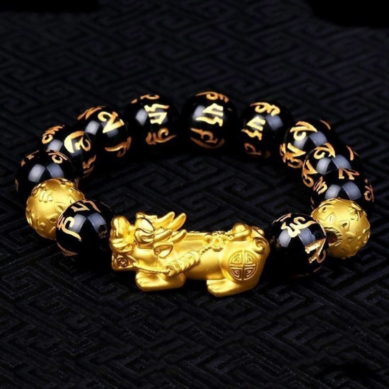 Imagen de 12mm Resina Étnico Dainty Bracelets Delicate Bracelets Beaded Bracelet Dorado Negro Bestia China Pi Xiu 19cm longitud, 1 Unidad