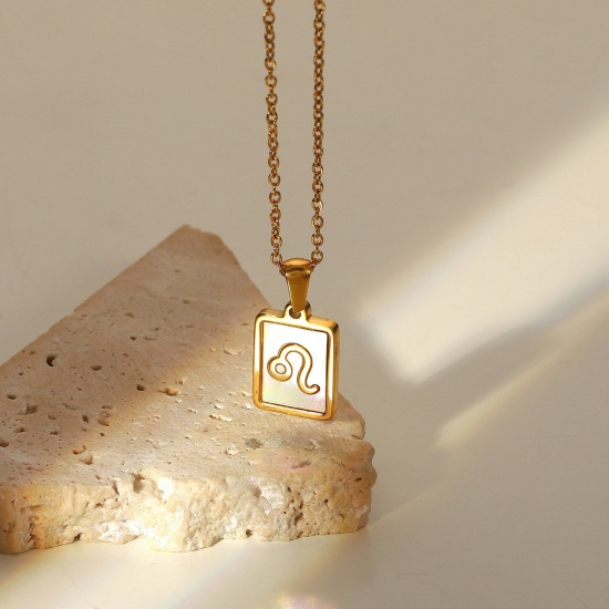 Immagine di Acciaio Inossidabile Collana Oro Placcato Bianco Rettangolo Costellazione Leone 45cm Lunghezza, 1 Pz