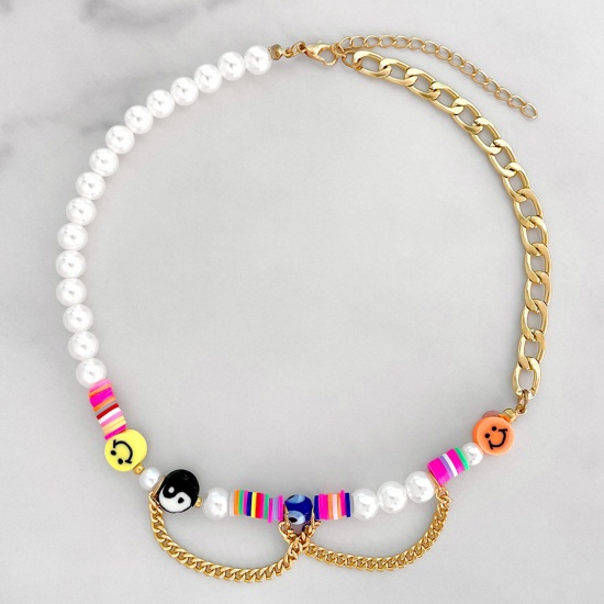 Picture of Acrylic Boho Chic Bohemia Beaded Necklace Multicolor Smile Imitation Pearl 46cm(18 1/8") long, 1 Piece