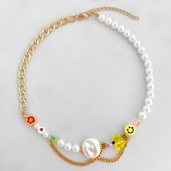 Picture of Acrylic Boho Chic Bohemia Beaded Necklace Multicolor Smile Imitation Pearl 46cm(18 1/8") long, 1 Piece