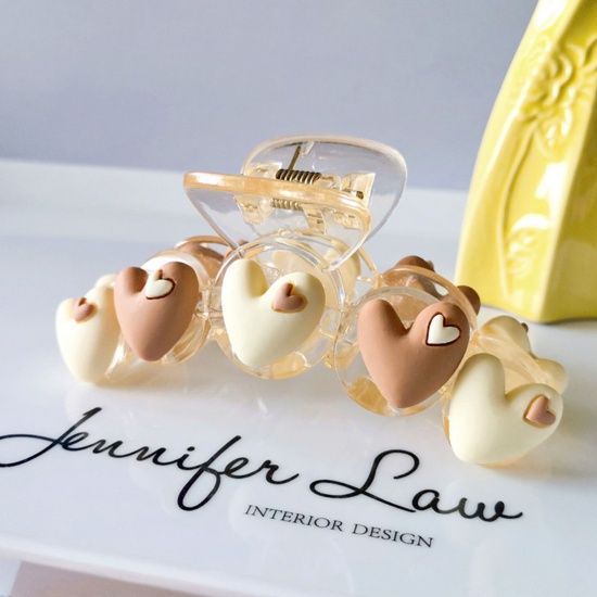 Picture of Resin Cute Hair Claw Clips Clamps Beige & Khaki Heart 10.5cm, 1 Piece