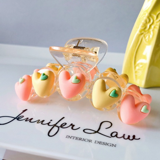 Picture of Resin Cute Hair Claw Clips Clamps Orange Pink & Yellow Heart 10.5cm, 1 Piece