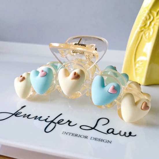 Picture of Resin Cute Hair Claw Clips Clamps Yellow & Blue Heart 10.5cm, 1 Piece